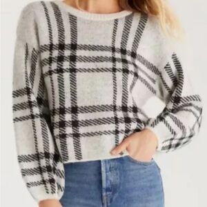 Z Supply Solange Cream Black Plaid Sweater L Bubble Sleeve